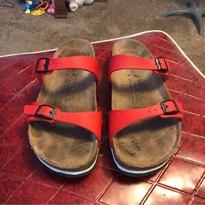 Birkis Birkenstock Sandals Womens L6 Very Gentle Used with red straps